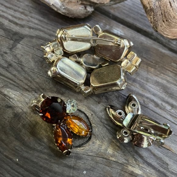 Demi Parure Jewelry Set Amber Rhinestone Brooch Pin & Clip-on Earrings - Picture 3 of 5